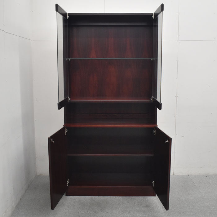 デューロン 高級役員用書棚 飾り棚 ガラス棚 照明付 ローズウッド W1830 2023070503【中古オフィス家具】【中古】