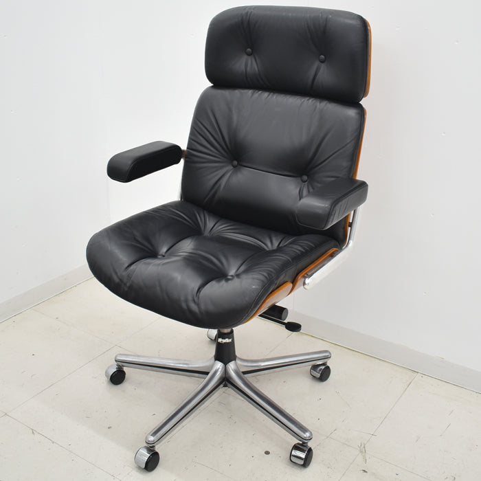 【中古】ジロフレックス パサール ハイバック 固定肘 プライウッド 革張り ブラック 2024072302【中古オフィス家具】