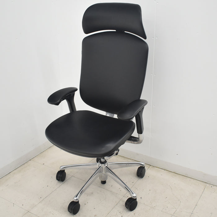 【中古】オカムラ コンテッサ 大型ヘッドレスト 可動肘 アルミポリッシュ 革張り 2025073102【中古オフィス家具】