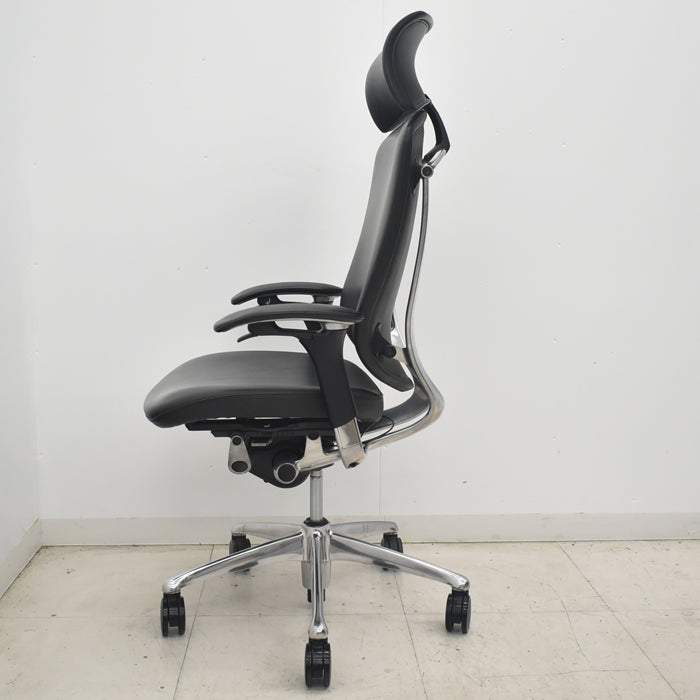 【中古】オカムラ コンテッサ 大型ヘッドレスト 可動肘 アルミポリッシュ 革張り 2025073102【中古オフィス家具】