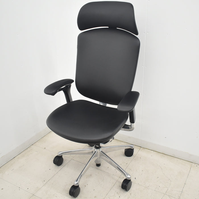 【中古】オカムラ コンテッサ 大型ヘッドレスト 可動肘 アルミポリッシュ 革張り 2025073103【中古オフィス家具】