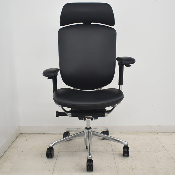 【中古】オカムラ コンテッサ 大型ヘッドレスト 可動肘 アルミポリッシュ 革張り 2025073103【中古オフィス家具】