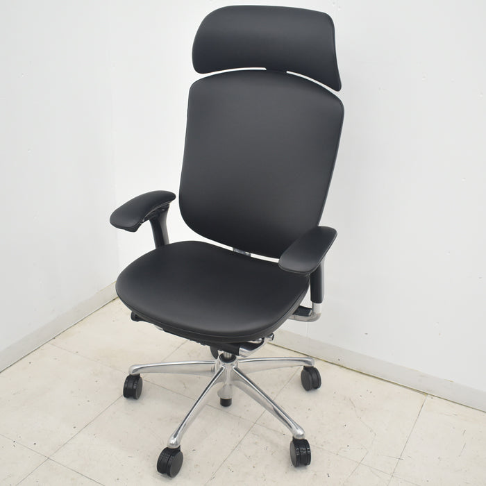 【中古】オカムラ コンテッサ 大型ヘッドレスト 可動肘 アルミポリッシュ 革張り 2025090306【中古オフィス家具】