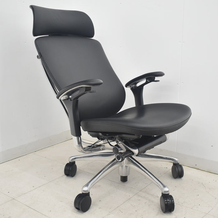 【中古】オカムラ コンテッサ 大型ヘッドレスト 可動肘 アルミポリッシュ 革張り 2025090306【中古オフィス家具】