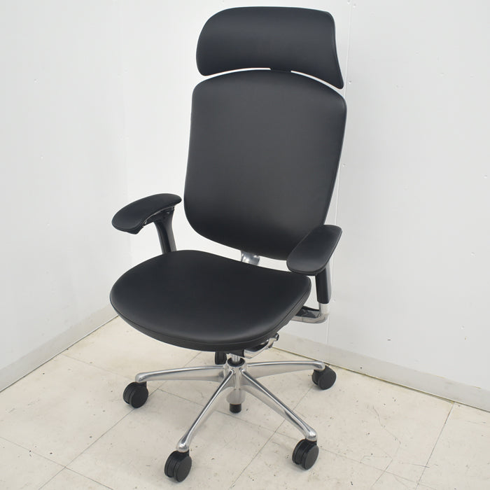 【中古】オカムラ コンテッサ 大型ヘッドレスト 可動肘 アルミポリッシュ 革張り 2025090307【中古オフィス家具】