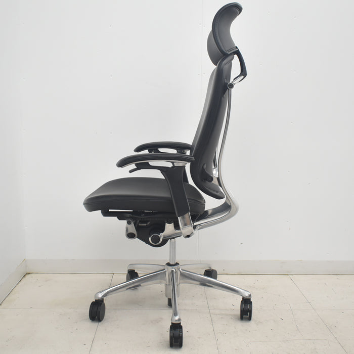 【中古】オカムラ コンテッサ 大型ヘッドレスト 可動肘 アルミポリッシュ 革張り 2025090307【中古オフィス家具】