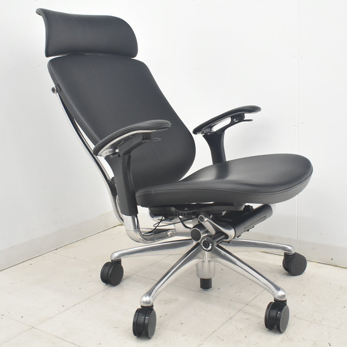 【中古】オカムラ コンテッサ 大型ヘッドレスト 可動肘 アルミポリッシュ 革張り 2025090307【中古オフィス家具】