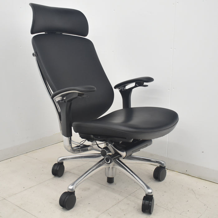【中古】オカムラ コンテッサ 大型ヘッドレスト 可動肘 アルミポリッシュ 革張り 2025090308【中古オフィス家具】