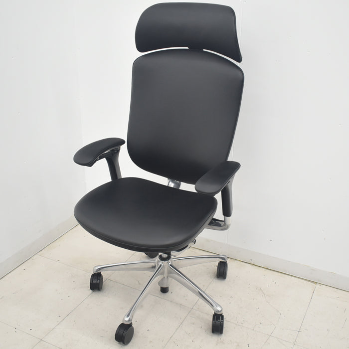 【中古】オカムラ コンテッサ 大型ヘッドレスト 可動肘 アルミポリッシュ 革張り 2025090308【中古オフィス家具】
