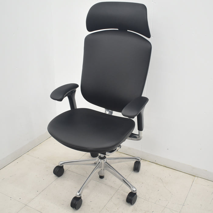 【中古】オカムラ コンテッサ 大型ヘッドレスト 可動肘 アルミポリッシュ 革張り 2025090309【中古オフィス家具】