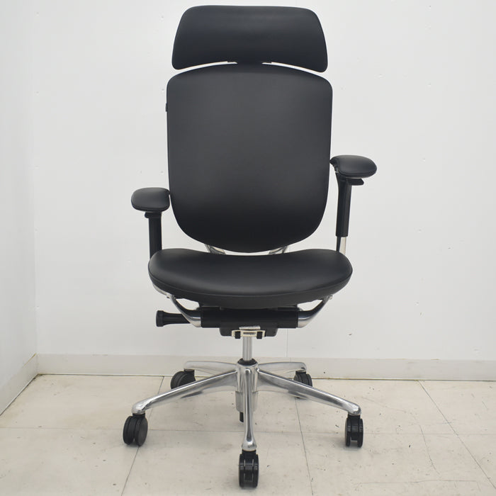 【中古】オカムラ コンテッサ 大型ヘッドレスト 可動肘 アルミポリッシュ 革張り 2025090309【中古オフィス家具】
