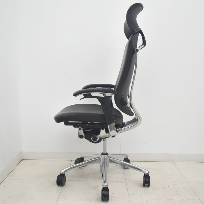 【中古】オカムラ コンテッサ 大型ヘッドレスト 可動肘 アルミポリッシュ 革張り 2025090309【中古オフィス家具】