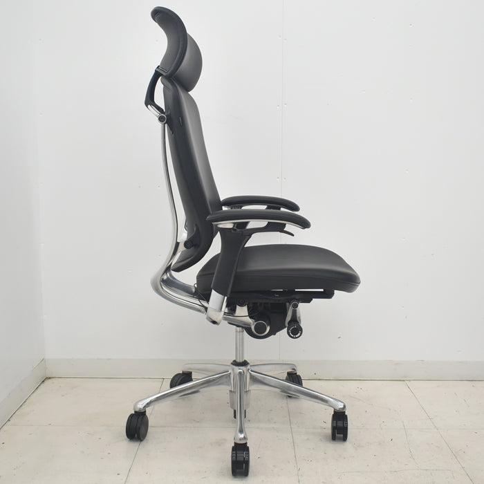 【中古】オカムラ コンテッサ 大型ヘッドレスト 可動肘 アルミポリッシュ 革張り 2025090309【中古オフィス家具】