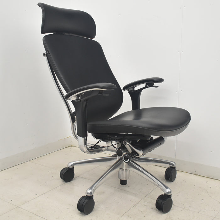【中古】オカムラ コンテッサ 大型ヘッドレスト 可動肘 アルミポリッシュ 革張り 2025090309【中古オフィス家具】