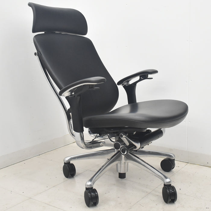 【中古】オカムラ コンテッサ 大型ヘッドレスト 可動肘 アルミポリッシュ 革張り 2025090310【中古オフィス家具】