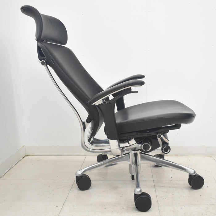 【中古】オカムラ コンテッサ 大型ヘッドレスト 可動肘 アルミポリッシュ 革張り 2025090311【中古オフィス家具】