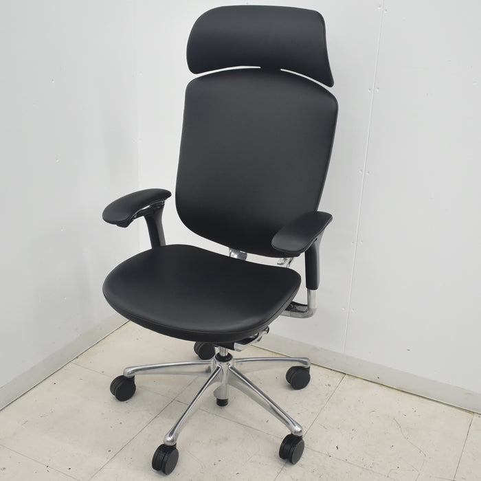 【中古】オカムラ コンテッサ 大型ヘッドレスト 可動肘 アルミポリッシュ 革張り 2025090311【中古オフィス家具】
