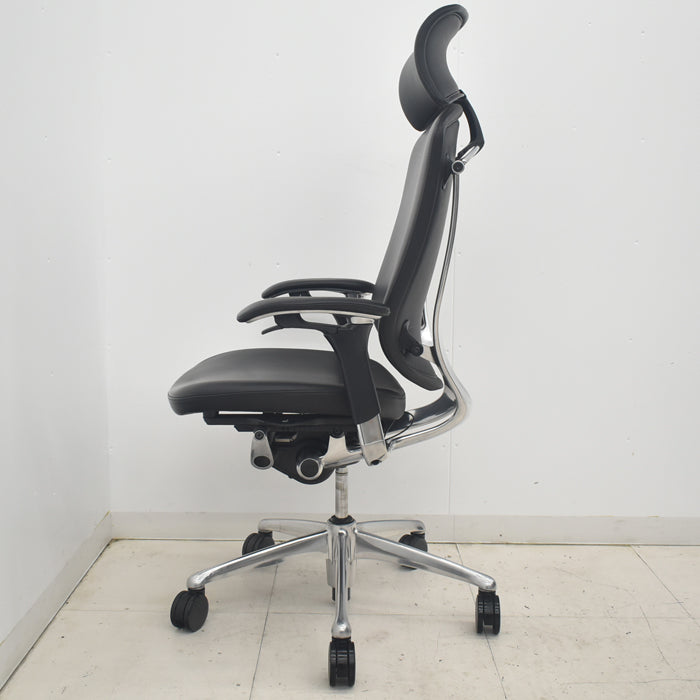 【中古】オカムラ コンテッサ 大型ヘッドレスト 可動肘 アルミポリッシュ 革張り 2025090311【中古オフィス家具】