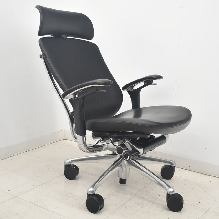 【中古】オカムラ コンテッサ 大型ヘッドレスト 可動肘 アルミポリッシュ 革張り 2025090311【中古オフィス家具】