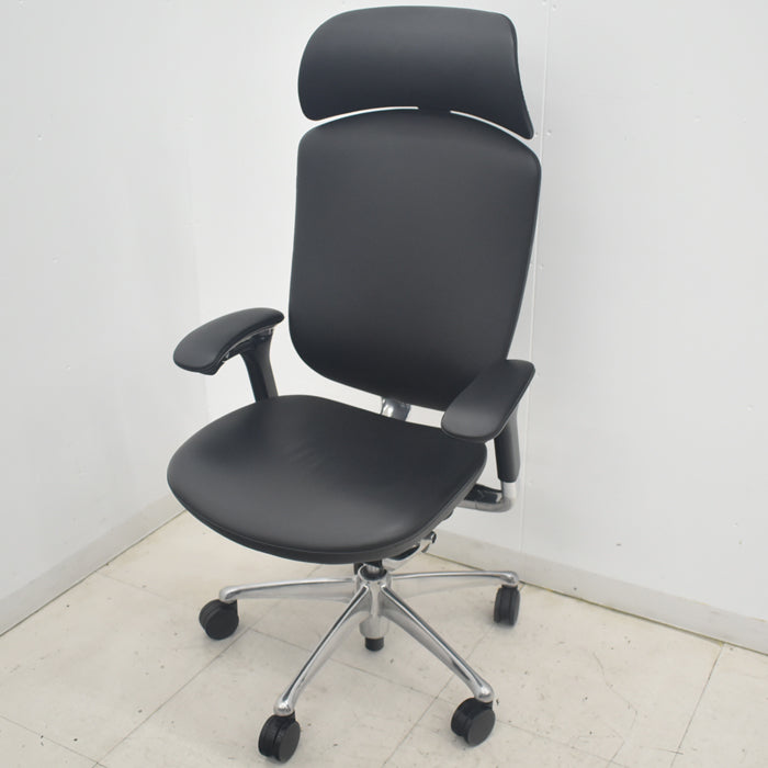 【中古】オカムラ コンテッサ 大型ヘッドレスト 可動肘 アルミポリッシュ 革張り 2025090401【中古オフィス家具】
