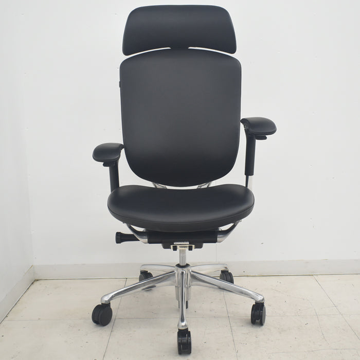 【中古】オカムラ コンテッサ 大型ヘッドレスト 可動肘 アルミポリッシュ 革張り 2025090401【中古オフィス家具】