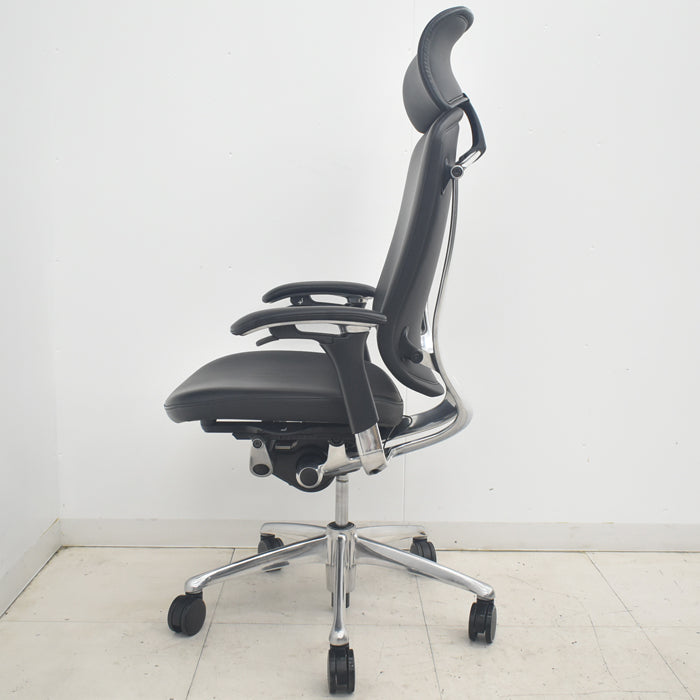 【中古】オカムラ コンテッサ 大型ヘッドレスト 可動肘 アルミポリッシュ 革張り 2025090401【中古オフィス家具】