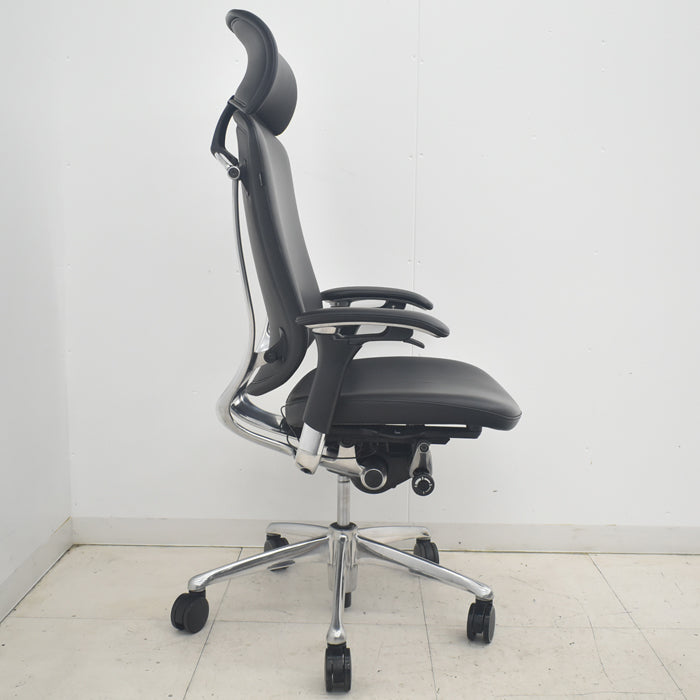 【中古】オカムラ コンテッサ 大型ヘッドレスト 可動肘 アルミポリッシュ 革張り 2025090401【中古オフィス家具】