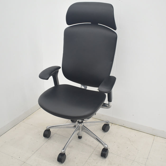 【中古】オカムラ コンテッサ 大型ヘッドレスト 可動肘 アルミポリッシュ 革張り 2025090403【中古オフィス家具】