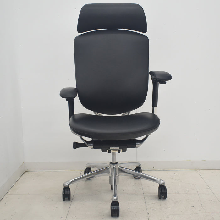 【中古】オカムラ コンテッサ 大型ヘッドレスト 可動肘 アルミポリッシュ 革張り 2025090403【中古オフィス家具】