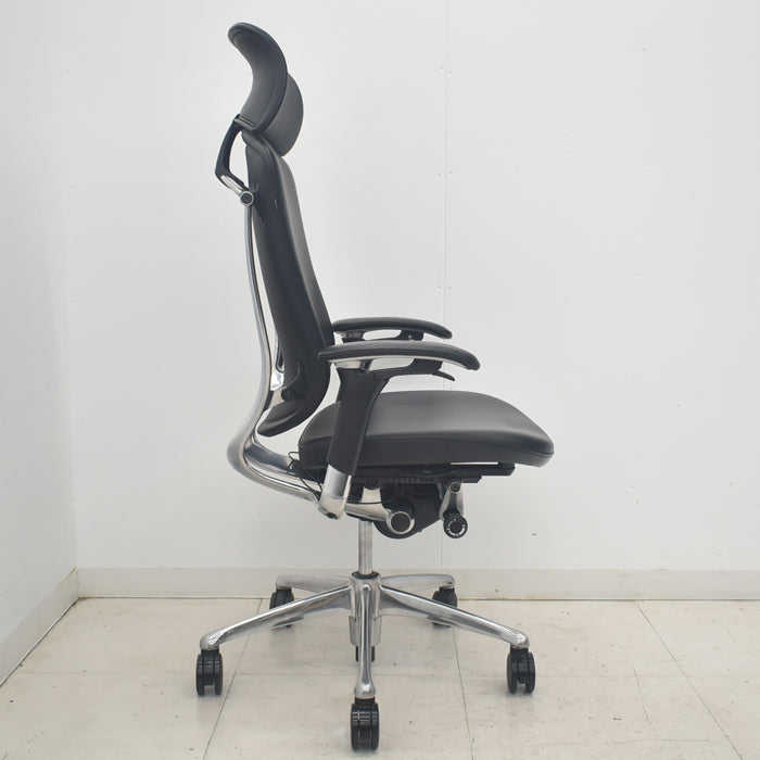 【中古】オカムラ コンテッサ 大型ヘッドレスト 可動肘 アルミポリッシュ 革張り 2025090403【中古オフィス家具】