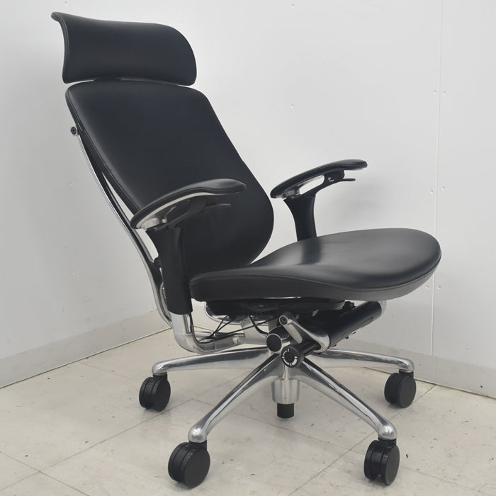 【中古】オカムラ コンテッサ 大型ヘッドレスト 可動肘 アルミポリッシュ 革張り 2025090403【中古オフィス家具】