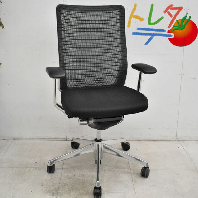 オカムラ コーラルチェア ハイバック 固定肘 ポリッシュ脚 ブラック 2022020802【中古オフィス家具】【中古】
