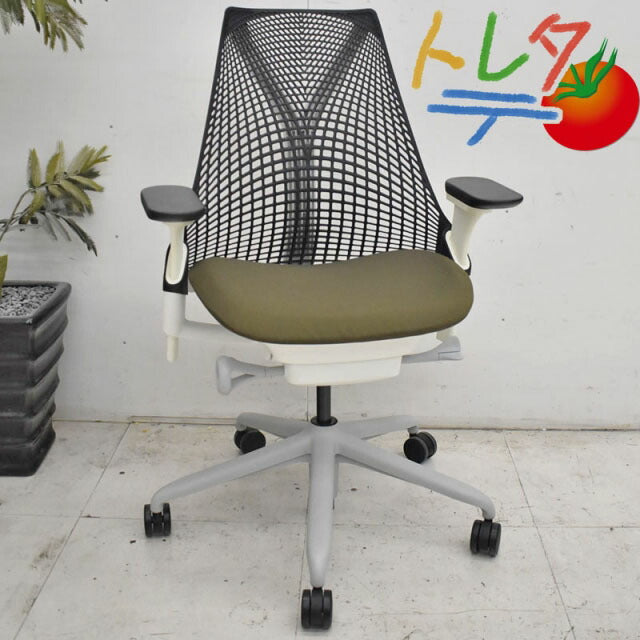 ハーマンミラー セイルチェア 可動肘 前傾機能付 ブラック×カーキ 2022072901【中古オフィス家具】【中古】