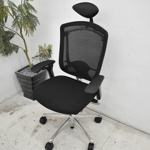 オカムラ コンテッサ ヘッドレスト 可動肘 ランバーサポート アルミポリッシュ脚 2023012104【中古オフィス家具】【中古】
