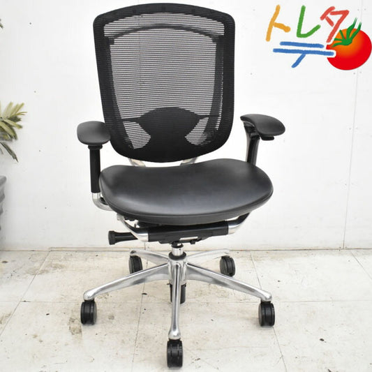 オカムラ コンテッサ ポリッシュ 可動肘付 ランバーサポート 革張り 2023030702【中古オフィス家具】【中古】