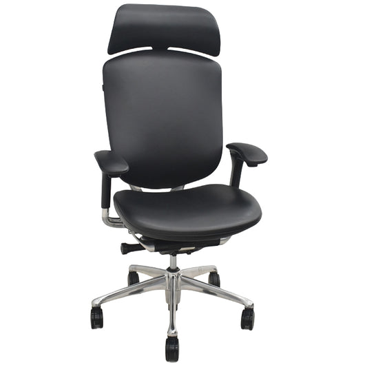 【中古】オカムラ　コンテッサ　大型ヘッドレスト　可動肘　アルミポリッシュ　革張り　2025073102【中古オフィス家具】