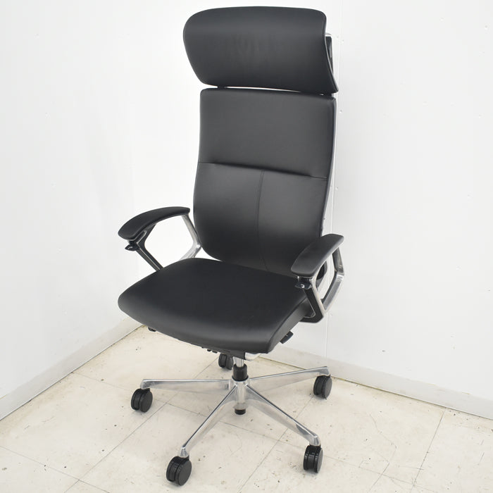 【中古】オカムラ　デューク　エクストラハイバック　可動ヘッドレスト　固定肘　アルミポリッシュ　ランバーサポート　革張り　2025073104【中古オフィス家具】