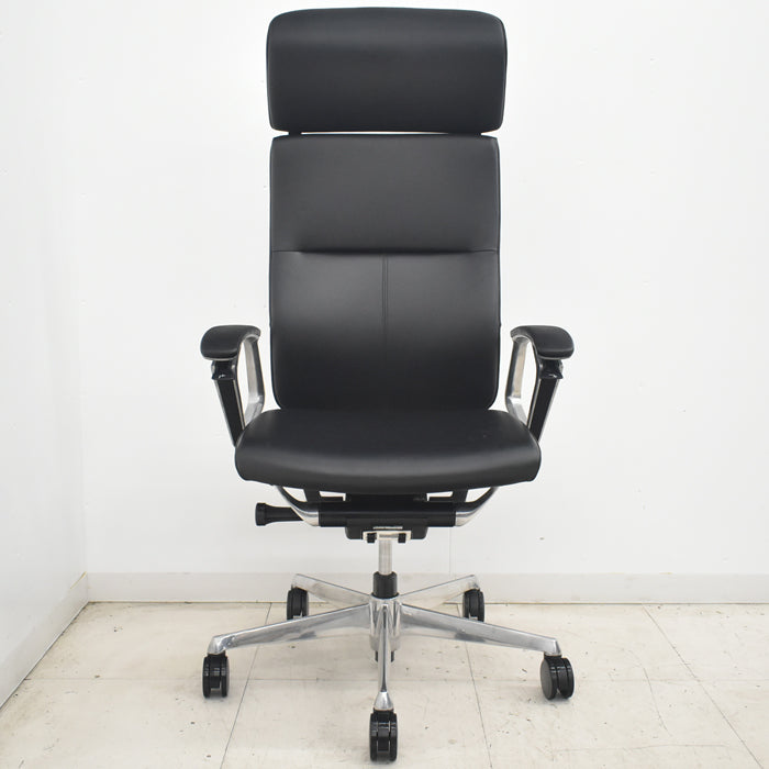 【中古】オカムラ　デューク　エクストラハイバック　可動ヘッドレスト　固定肘　アルミポリッシュ　ランバーサポート　革張り　2025073104【中古オフィス家具】