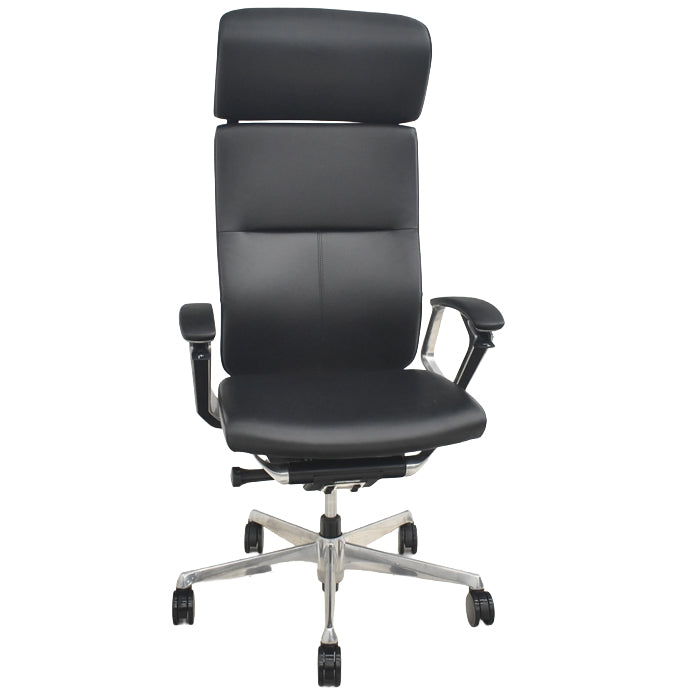 【中古】オカムラ　デューク　エクストラハイバック　可動ヘッドレスト　固定肘　アルミポリッシュ　ランバーサポート　革張り　2025073104【中古オフィス家具】