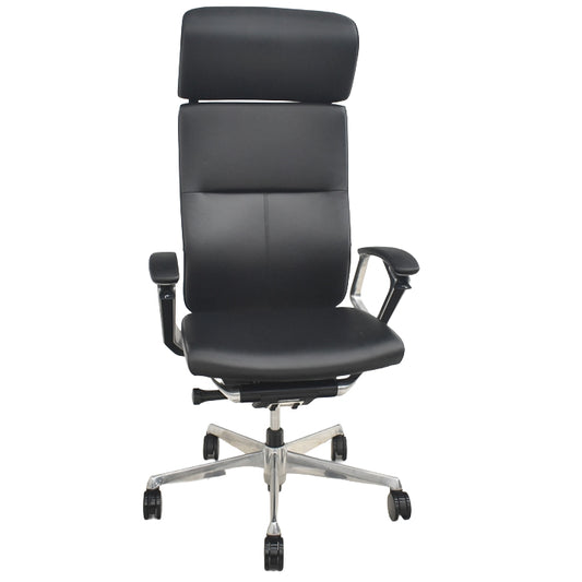 【中古】オカムラ　デューク　エクストラハイバック　可動ヘッドレスト　固定肘　アルミポリッシュ　ランバーサポート　革張り　2025073104【中古オフィス家具】