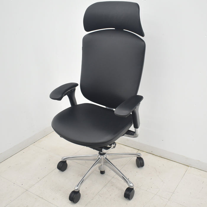 【中古】オカムラ　コンテッサ　大型ヘッドレスト　可動肘　アルミポリッシュ　革張り　2025090206【中古オフィス家具】