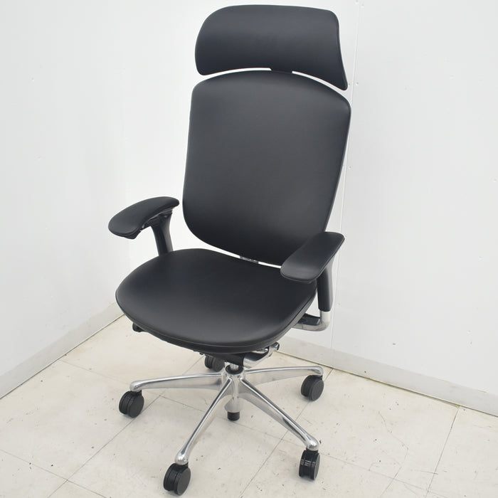 【中古】オカムラ　コンテッサ　大型ヘッドレスト　可動肘　アルミポリッシュ　革張り　2025090207【中古オフィス家具】