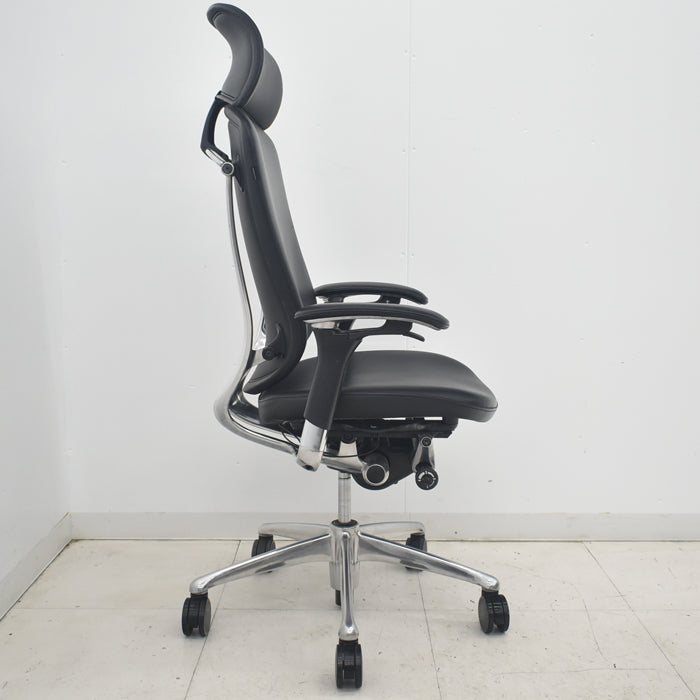 【中古】オカムラ　コンテッサ　大型ヘッドレスト　可動肘　アルミポリッシュ　革張り　2025090207【中古オフィス家具】