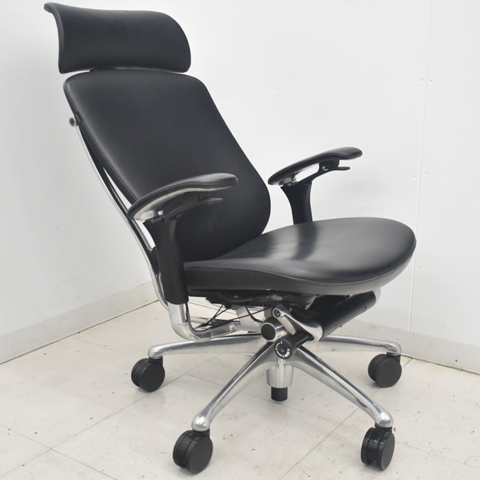 【中古】オカムラ　コンテッサ　大型ヘッドレスト　可動肘　アルミポリッシュ　革張り　2025090207【中古オフィス家具】