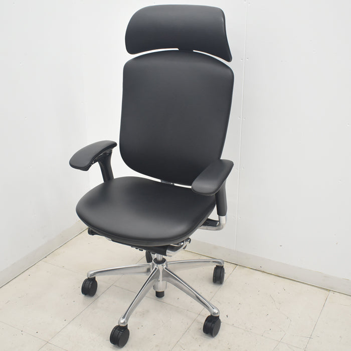 【中古】オカムラ　コンテッサ　大型ヘッドレスト　可動肘　アルミポリッシュ　革張り　2025090301【中古オフィス家具】