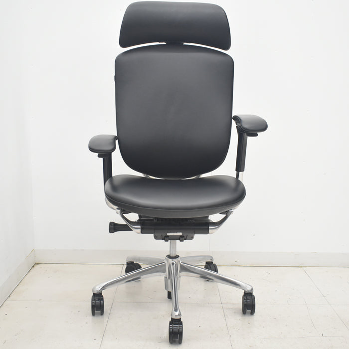 【中古】オカムラ　コンテッサ　大型ヘッドレスト　可動肘　アルミポリッシュ　革張り　2025090301【中古オフィス家具】