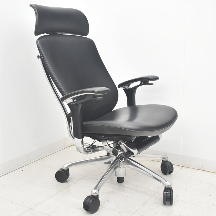 【中古】オカムラ　コンテッサ　大型ヘッドレスト　可動肘　アルミポリッシュ　革張り　2025090301【中古オフィス家具】