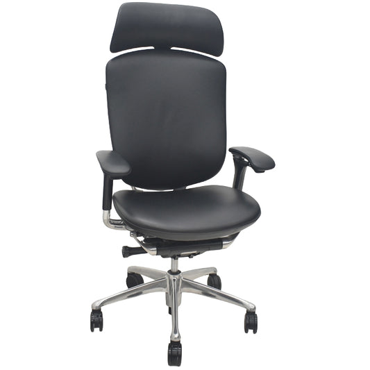 【中古】オカムラ　コンテッサ　大型ヘッドレスト　可動肘　アルミポリッシュ　革張り　2025090301【中古オフィス家具】