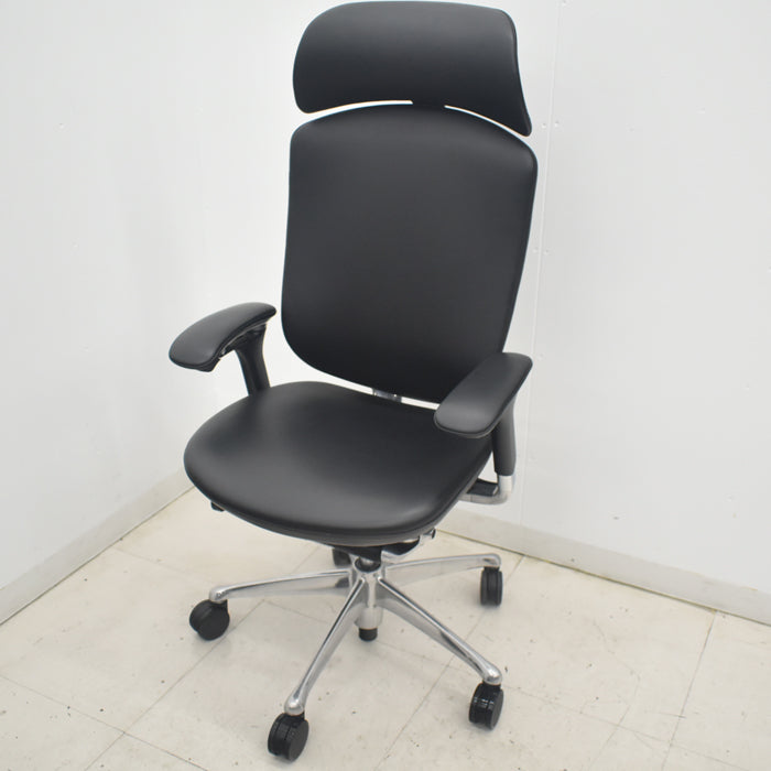 【中古】オカムラ　コンテッサ　大型ヘッドレスト　可動肘　アルミポリッシュ　革張り　2025090302【中古オフィス家具】