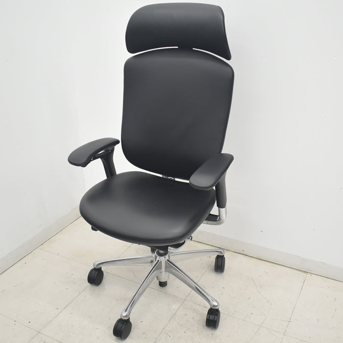 【中古】オカムラ　コンテッサ　大型ヘッドレスト　可動肘　アルミポリッシュ　革張り　2025090303【中古オフィス家具】